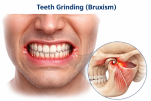 Close-up of a person grinding teeth to illustrate bruxism, with a circular inset showing jaw muscles around the molars.