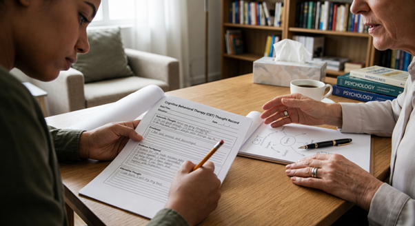 Two women sit at a table reviewing a form; one writes with a pencil while the other gestures toward notes.