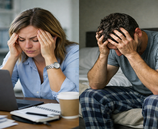 Split image: a stressed woman at a desk with a laptop, notebook and coffee, holding her temples; beside her, a stressed man in plaid pants on a couch, head in his hands.