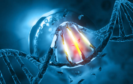 Blue-toned 3D rendering of a DNA double helix with a glowing, multicolored core in a lab-like setting