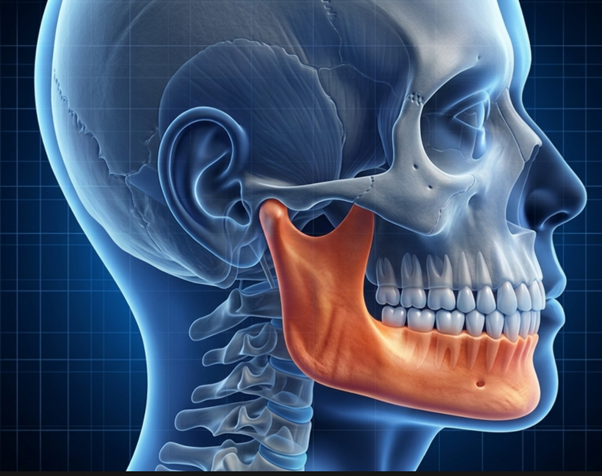 Side view of a human skull with the mandible highlighted in orange in a blue anatomical illustration.