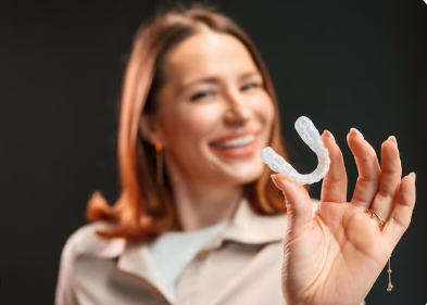 Smiling woman holding a clear dental aligner between her fingers, showing it to the camera.