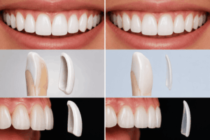 Before-and-after dental veneers: bright, white front teeth shown in a side-by-side comparison with veneer fittings and removal steps.