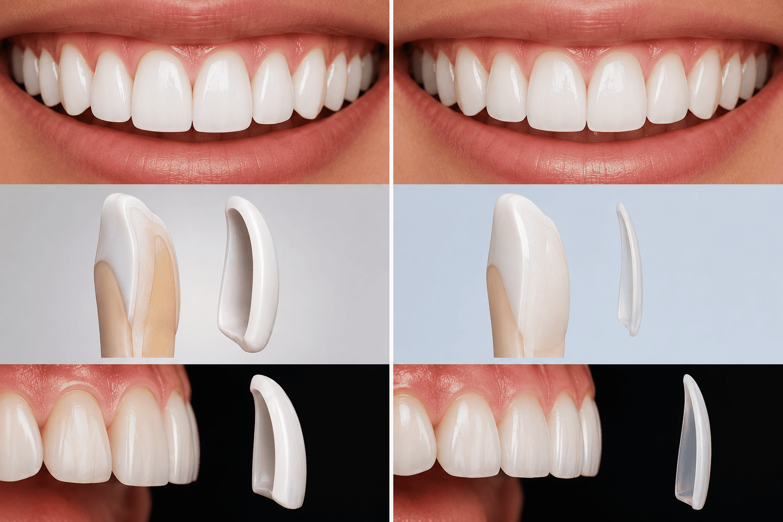 Before-and-after dental veneers: bright, white front teeth shown in a side-by-side comparison with veneer fittings and removal steps.