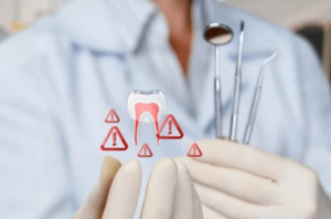 Dentist in gloves holding dental tools with a tooth model and red warning icons in the background.