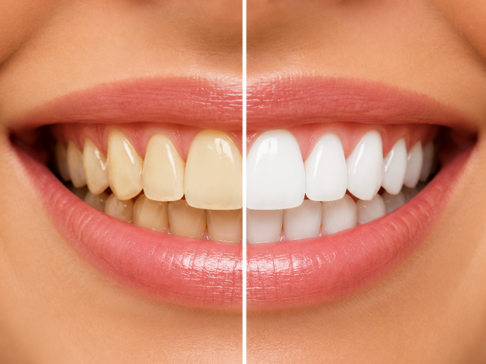 Close-up of a smile showing a before-and-after whitening comparison; left teeth are yellowed, right teeth are bright white.