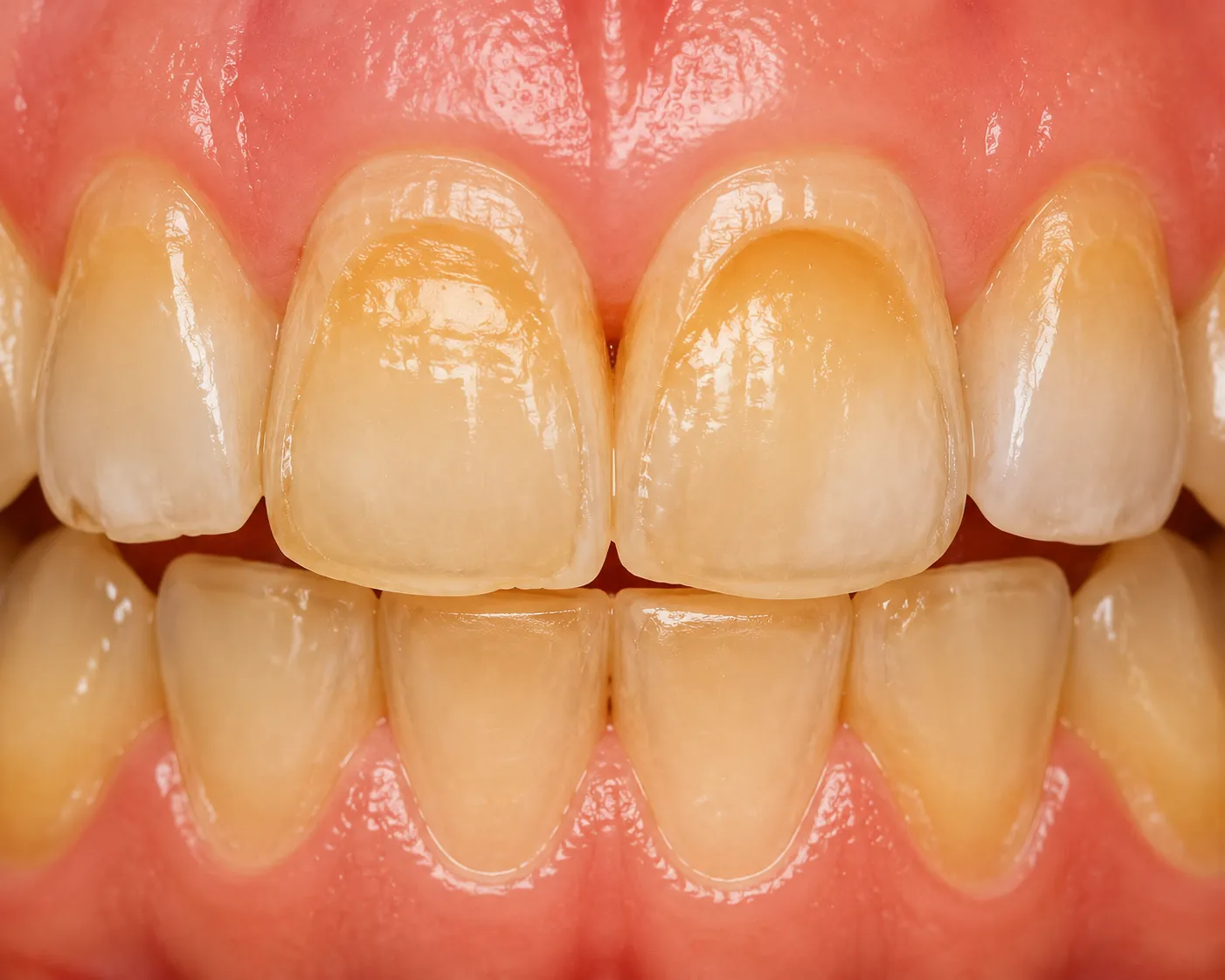 Close-up of upper front teeth showing enamel wear and a small chip on the left central incisor with pink gums.