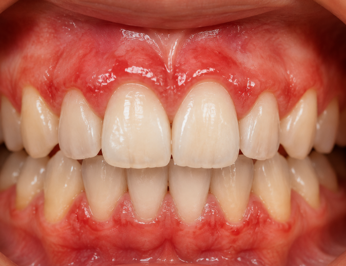 Close-up of upper and lower teeth with red, swollen gums indicating gingivitis.