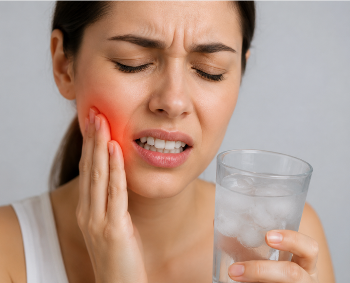 Woman grimaces in pain, pressing her cheek where a red flare suggests toothache, while holding a glass of ice water nearby.