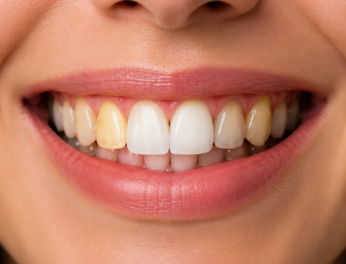 Close-up of a smiling mouth showing teeth with mixed whitening (front teeth whiter than others).