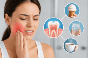Woman grimacing in dental pain while touching her cheek; an infographic showing a tooth diagram connected to ice cream, cold water, and coffee icons.