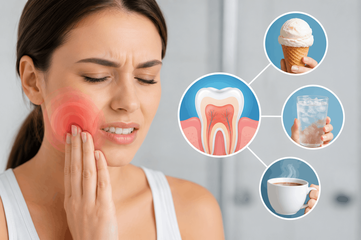 Woman grimacing in dental pain while touching her cheek; an infographic showing a tooth diagram connected to ice cream, cold water, and coffee icons.