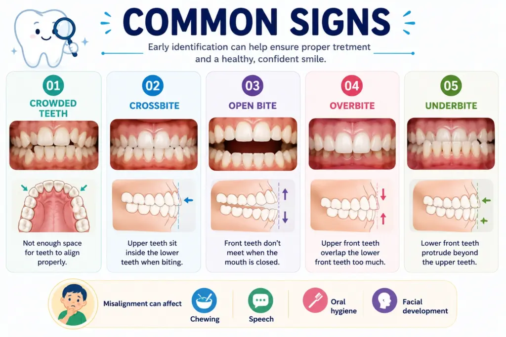 Infographic on common signs of misaligned teeth showing five conditions: crowded teeth, crossbite, open bite, overbite, and underbite with photos and diagrams in panels.