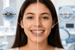 Split-face photo comparing orthodontic options: left with traditional metal braces, right with clear aligners on teeth in a clinical setting.