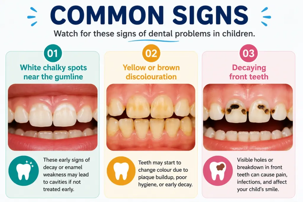 Three-panel infographic of common childhood dental warning signs: white chalky spots near the gumline; yellow/brown discoloration; decaying front teeth with visible holes.