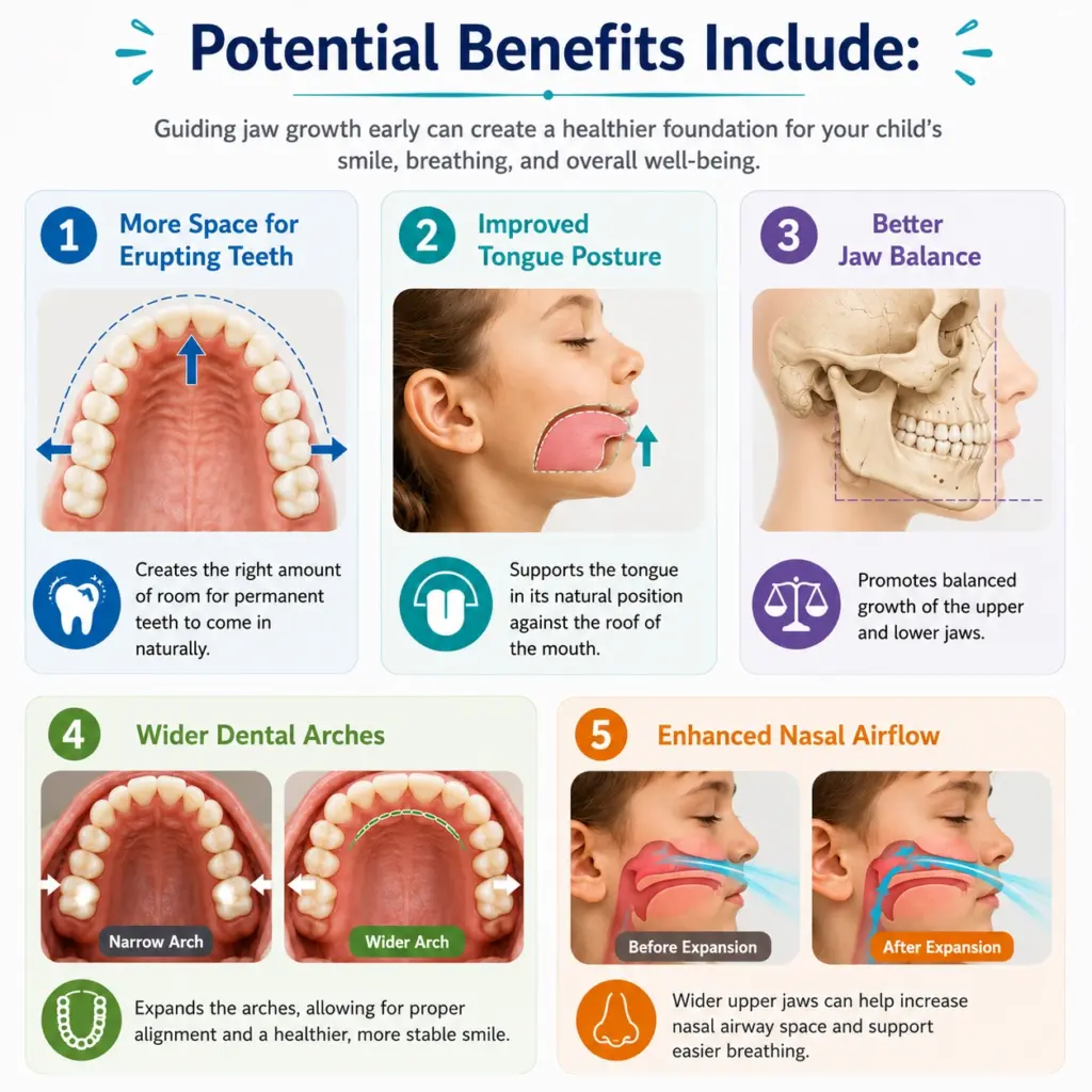 Infographic detailing five benefits of early jaw-growth guidance, including space for teeth, tongue posture, jaw balance, dental arches, and nasal airflow.