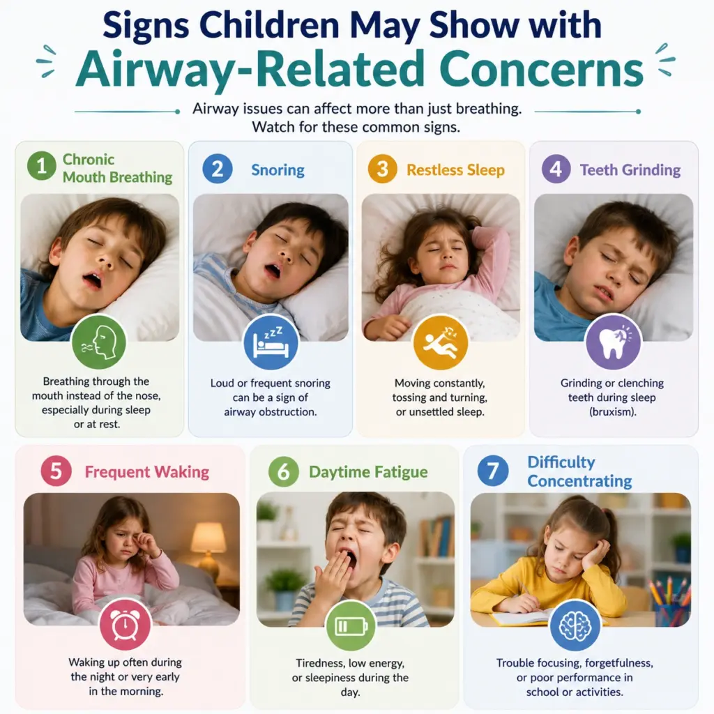 Infographic listing seven signs of airway-related concerns in children with photos for each sign, including icons and captions.