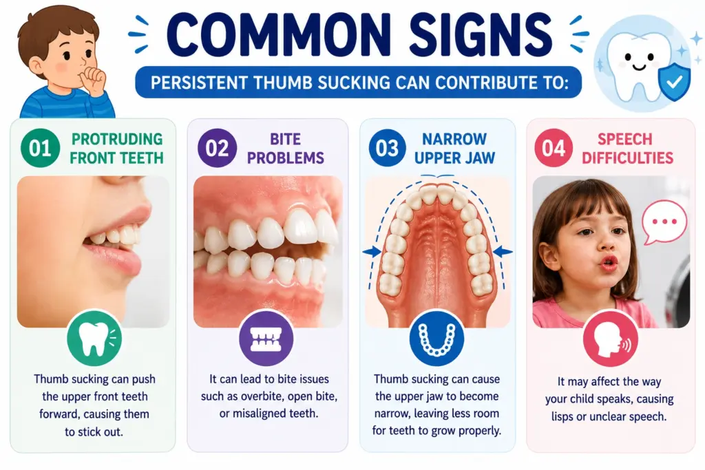 Dental health infographic showing common signs of thumb sucking: protruding front teeth (Panel 1).