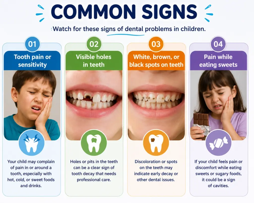 Infographic titled Common Signs; four panels show: 01 tooth pain, 02 visible holes in teeth, 03 discolored spots on teeth, 04 pain while eating sweets for children's dental issues.