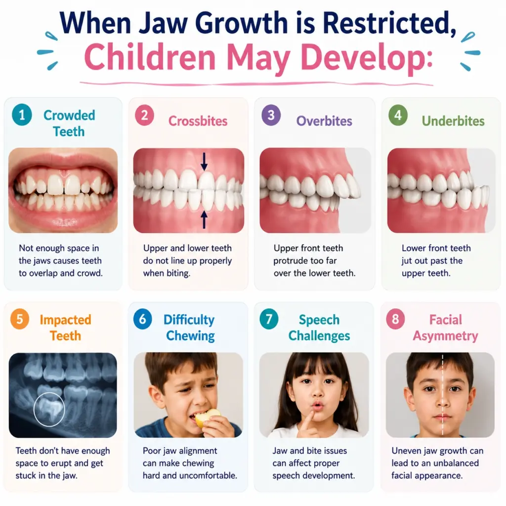 Infographic about jaw growth issues; title: When Jaw Growth is Restricted, Children May Develop: