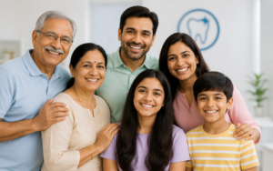 Smiling six‑person family posing together in a dental clinic with a tooth logo in the background, conveying family-friendly care.